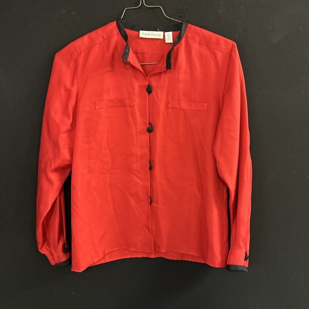 Frank Young 100% Silk Top Size 4 Red Black Long Sleeve Retro Blouse Women's 90s